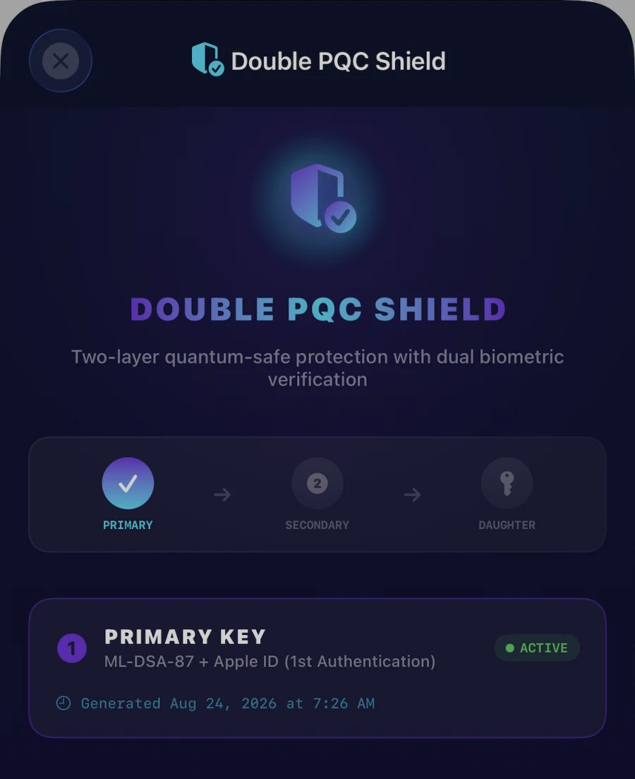 Double PQC Shield screen showing the primary key, secondary key and derived daughter keys