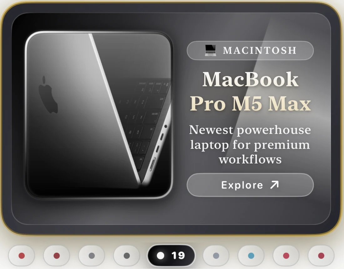 DuPDF Trends card showing a MacBook Pro M5 Max feature in a luxury TV frame